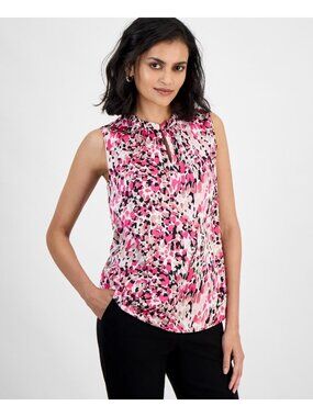 Kasper Womens Printed Satin Keyhole Sleeveless Pink Blouse Petite Size PXL $59